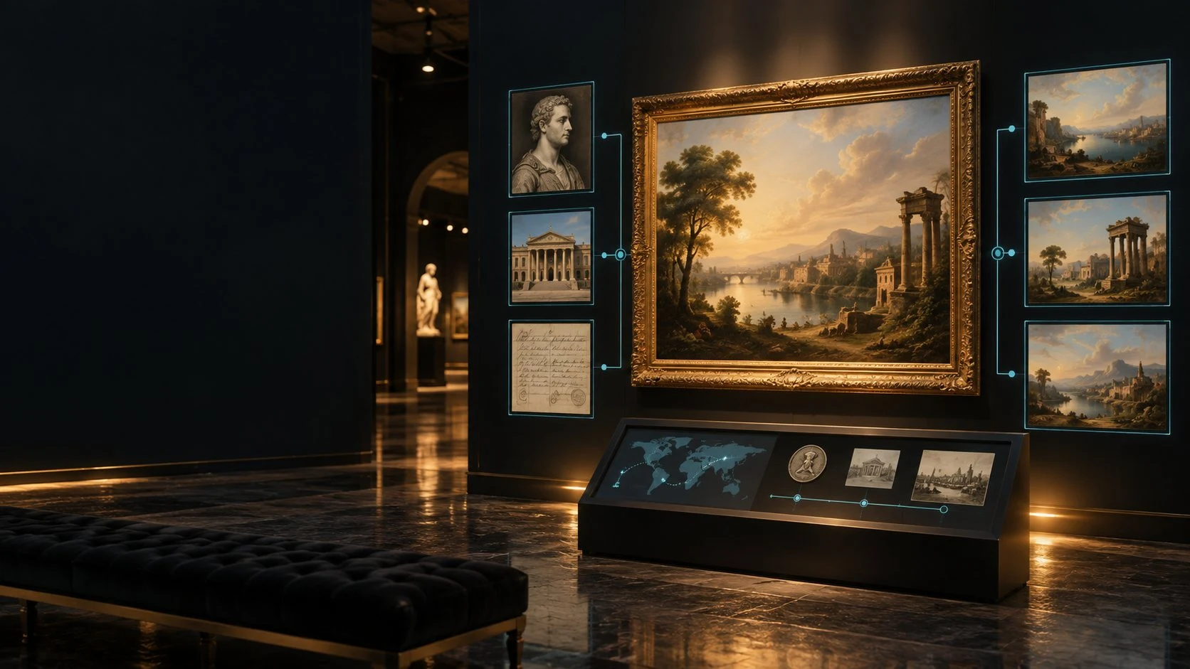 Fictional gallery illustration connecting imagined artworks with collection records; not an application screen