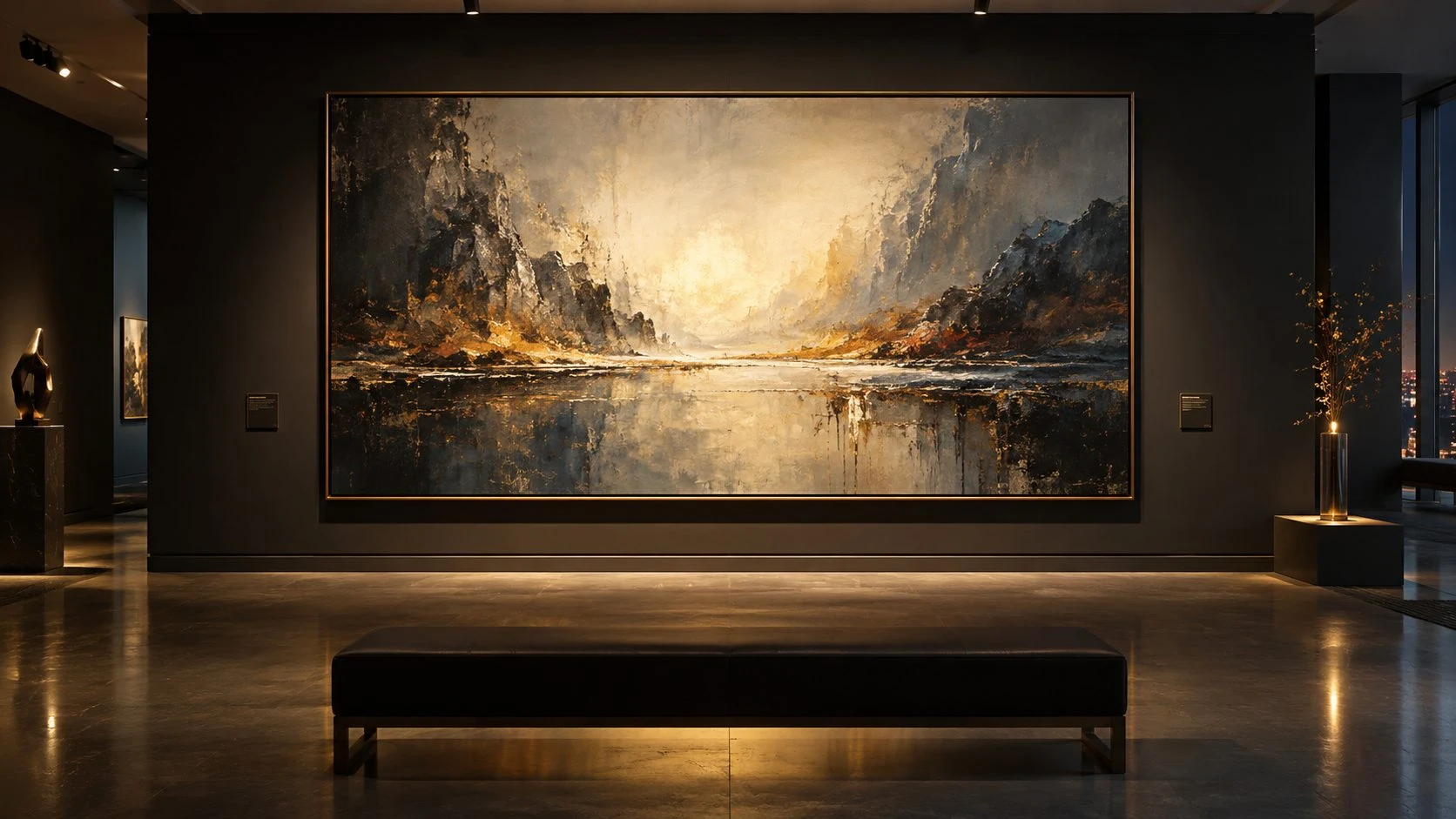 Illustrative fictional landscape painting in a gallery; artwork photographs are not shown in the application
