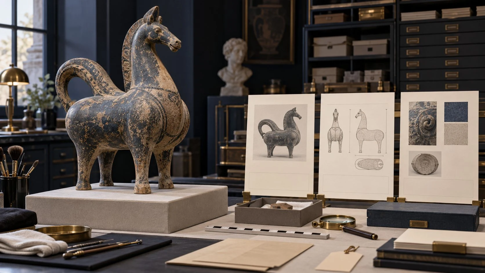 Illustrative fictional horse-shaped object beside collection-study cards; not a museum record or application screen